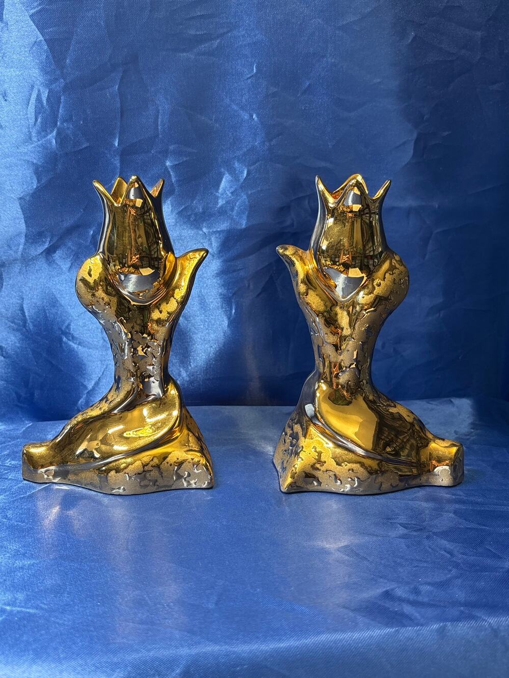 Vintage Pair of Weeping 24K Gold Paint Tulip Park Ave Candlestick Holder